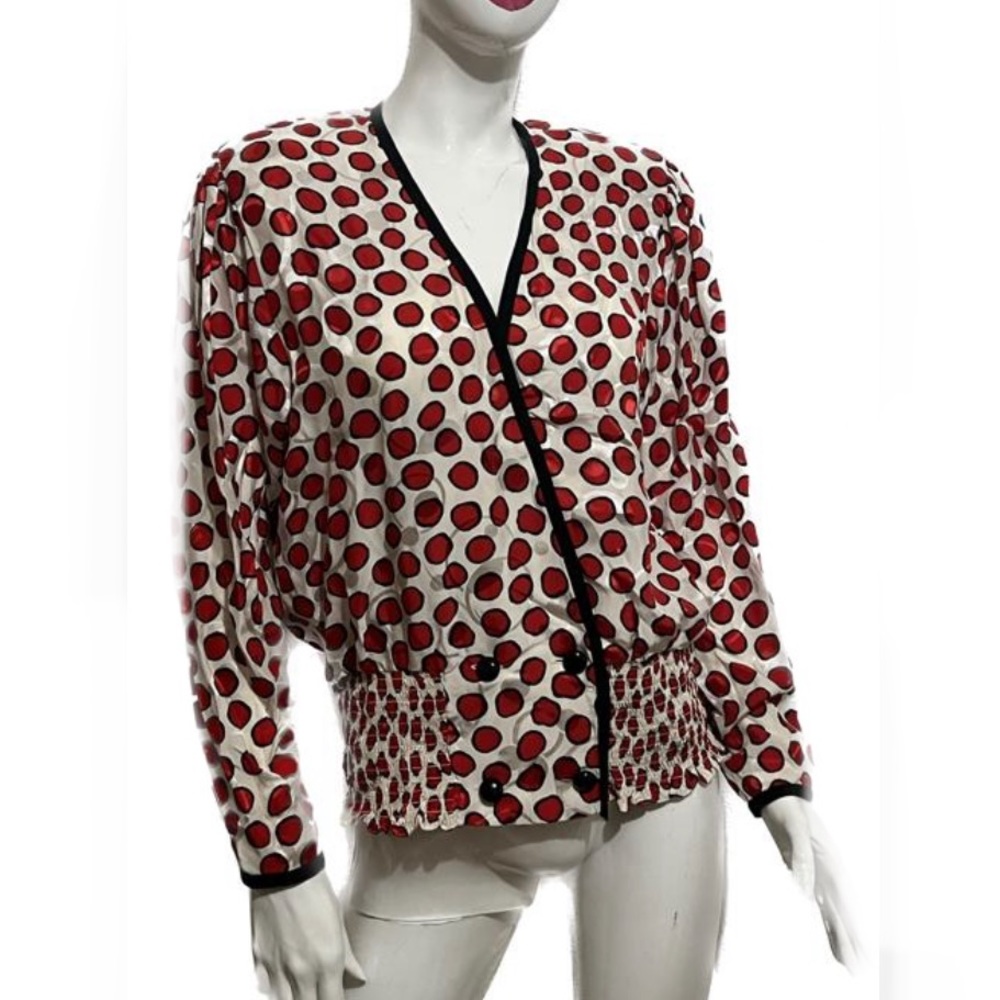Red Polka Dot Wrap Blouse with Black Trim